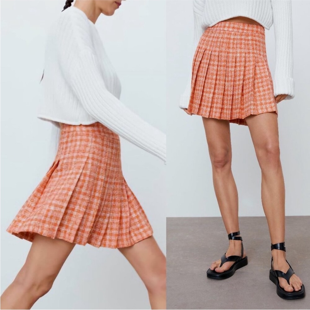 Zara Orange Pleated Preppy Skirt